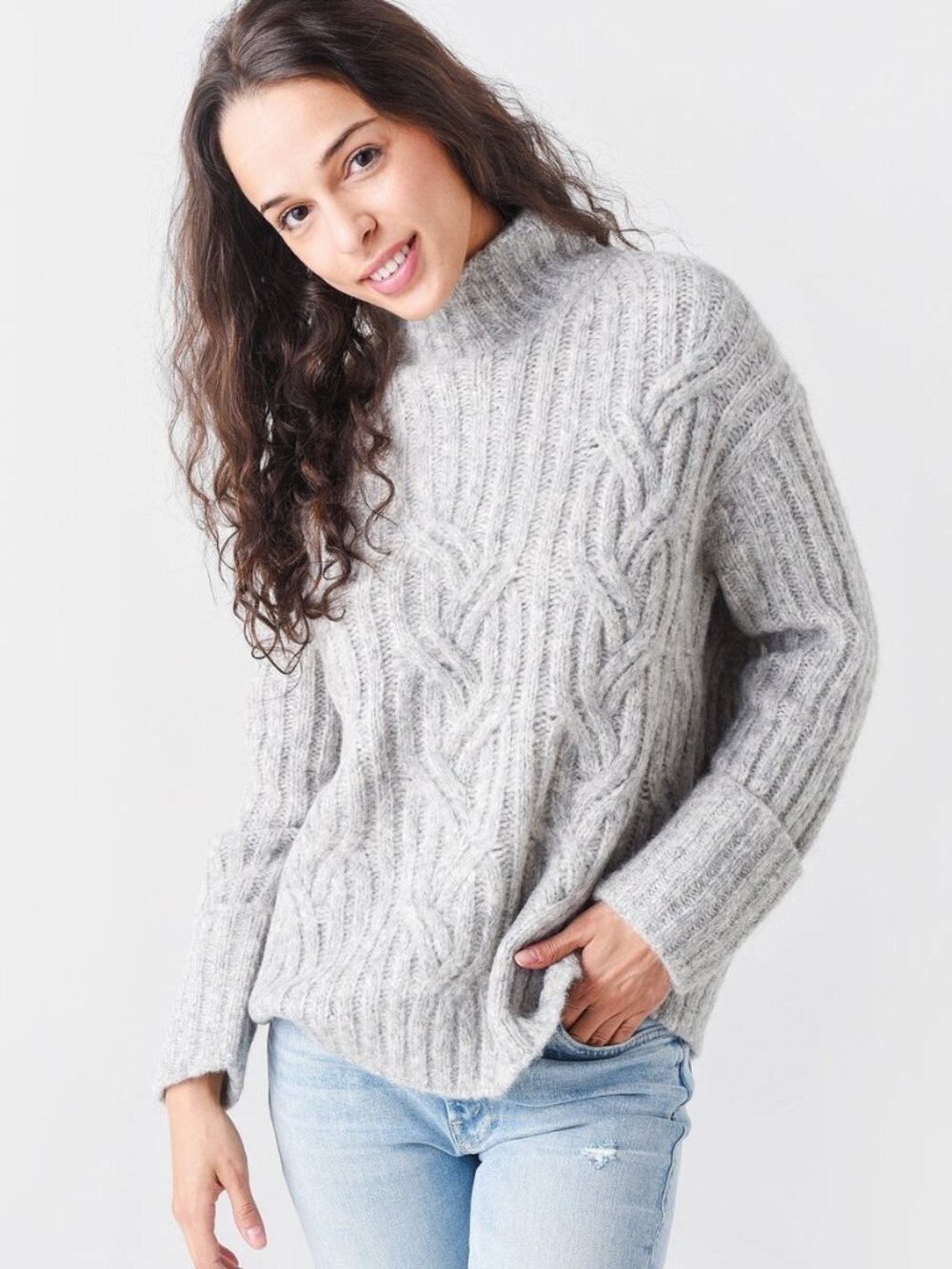 Vince Mirrored Cable Knit Alpaca Wool Blend Turtleneck Grey Sweater M Jumper